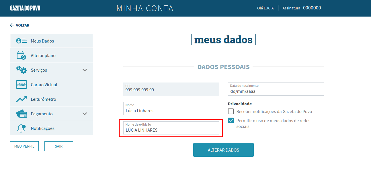 Alterar nova de exibição